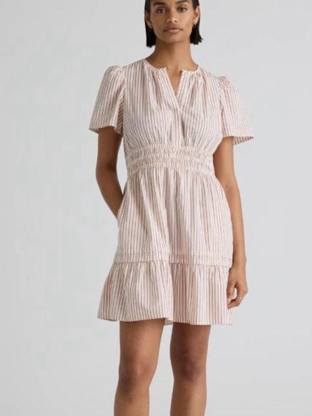 Quince Organic Cotton Striped Smocked Waist Tiered Mini Dress Size S